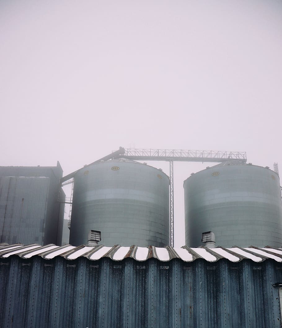 factory, building, refinery, fog, snow, story, vortex, blue, HD wallpaper
