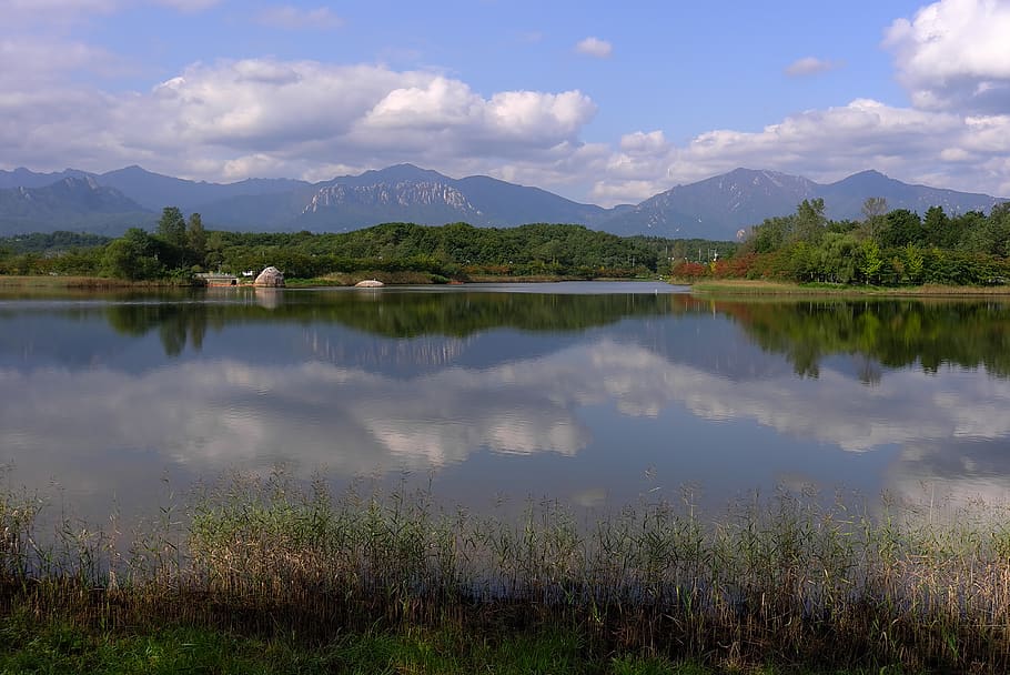 lake, reflections, sky, landscape, cloud, scenery, water, nature HD wallpaper