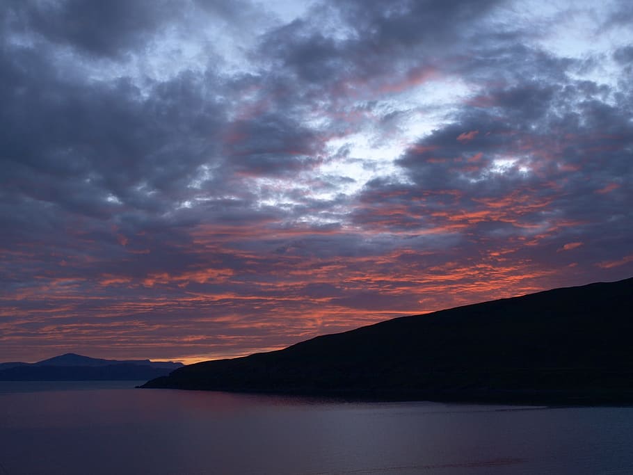 Landscape Photography of Black Rocky Formation With Orange Horizon Under Blue Clouds HD wallpaper