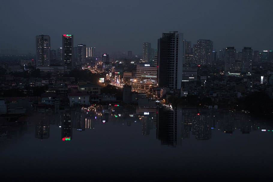 hanoi, vietnam, city light, night, reflect, illuminated, building exterior