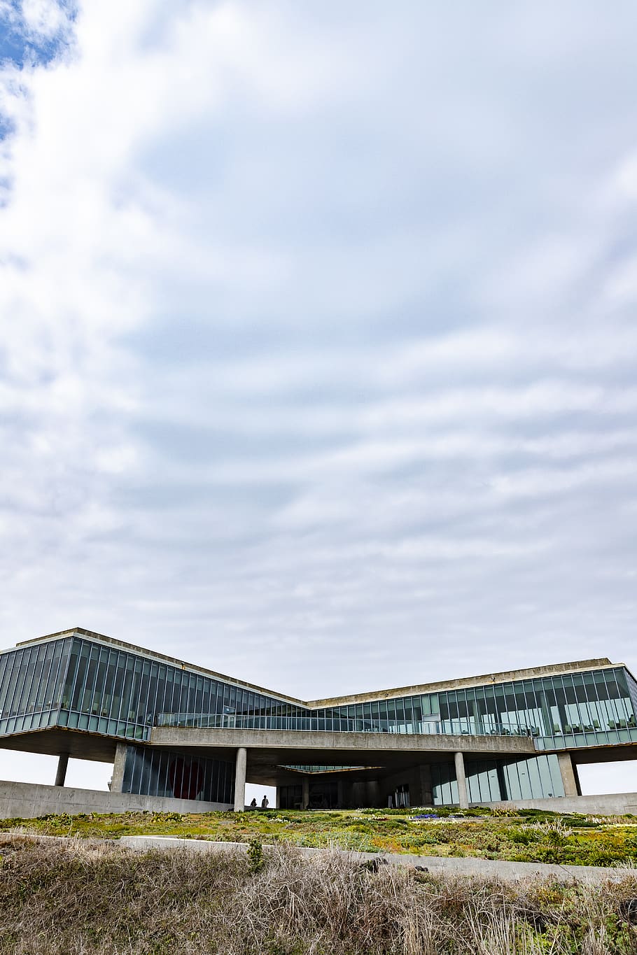 gray and green building under white clouds, nature, office building HD wallpaper