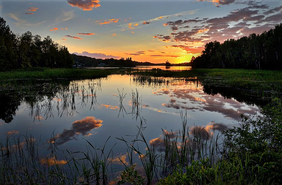 Lake during Orange Sunset, clouds, dawn, grass, idyllic, nature HD wallpaper