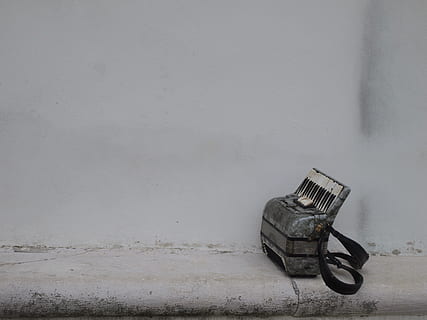 gray harmonium on white surface, grey, machine, wheel, wall, accordion HD wallpaper