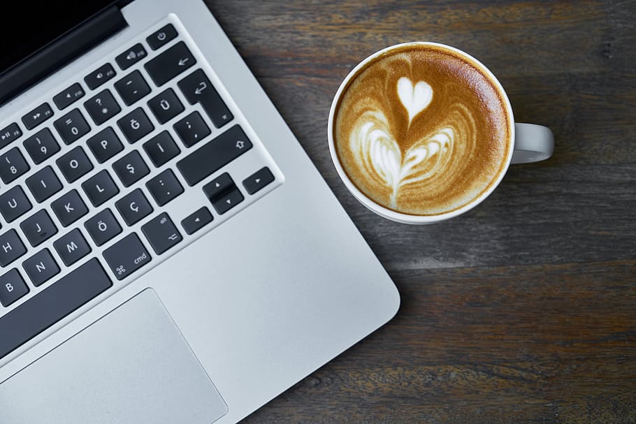 Teacup of Latte Beside Macbook Pro, beverage, caffeine, cappuccino HD wallpaper