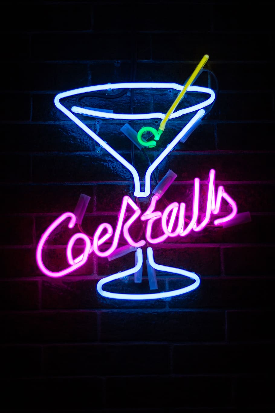 Cocktails LED signage, blue, party, light, pink, neon, lighting, HD wallpaper