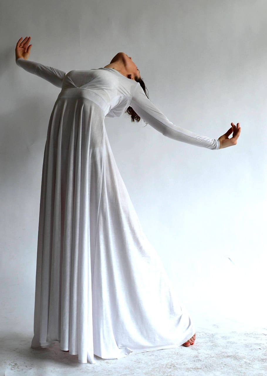 Woman Wearing White Long-sleeve Dress, bend, bending, dance, dancing HD wallpaper