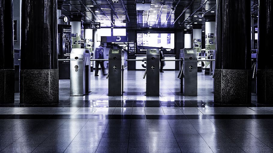 architecture, subway, turnstiles, posts, light, people, lines HD wallpaper