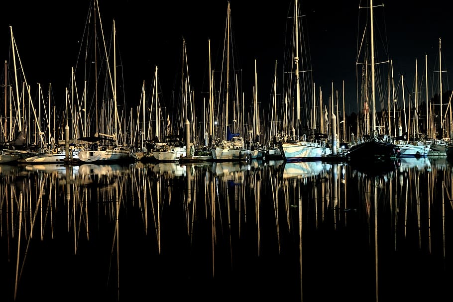 reflection, dark, night, sea, water, lights, yacht, no people HD wallpaper