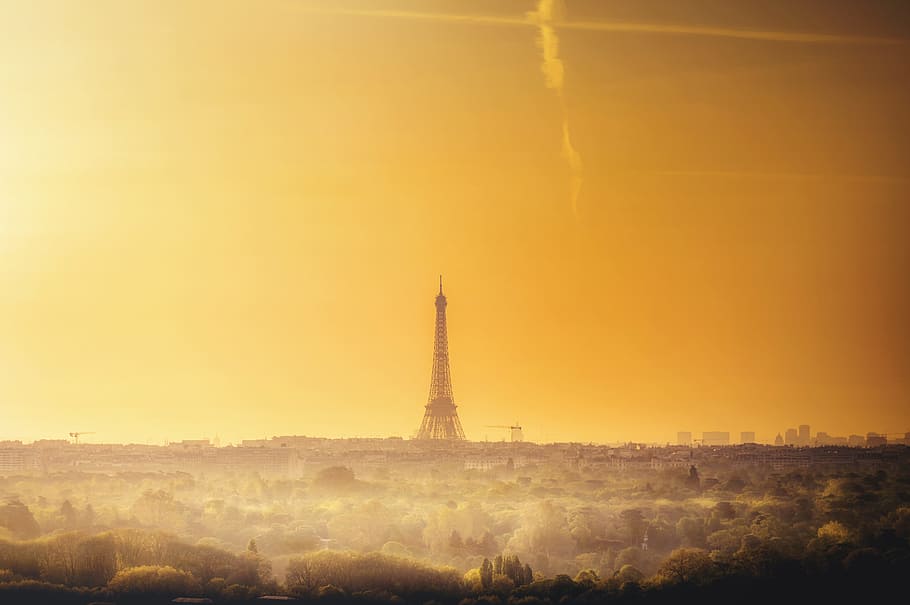 tower during sunset, paris, horizon, sky, architecture, mist HD wallpaper