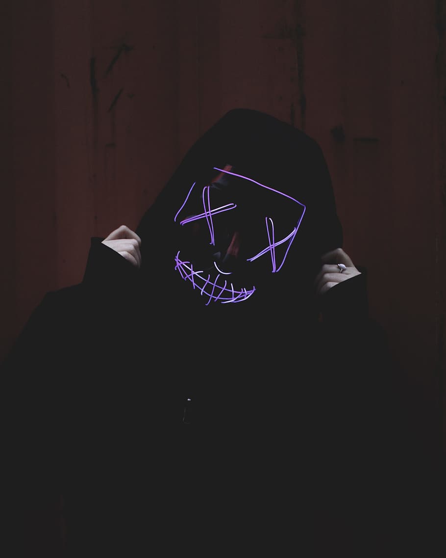 person wearing black jacket with mask, glow, hoody, scary, creepy