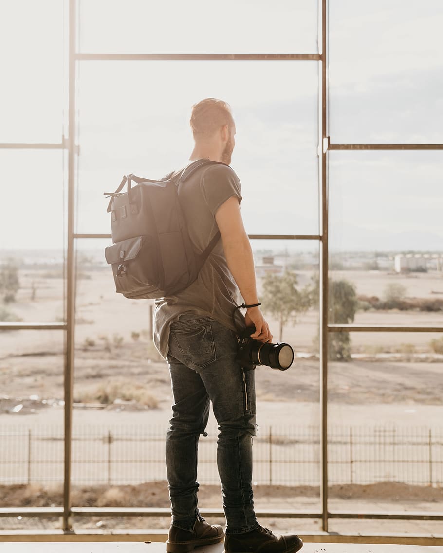 men's gray backpack, one person, window, standing, day, casual clothing HD wallpaper