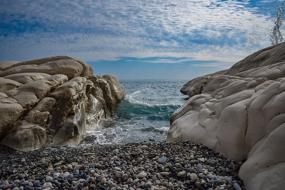 pebble beach, rock, white, formation, nature, sea, seashore HD wallpaper