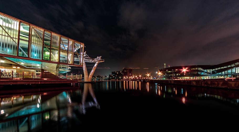buildings near body of water during nighttime, waterfront, city