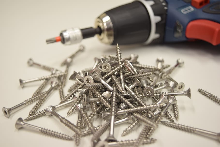 screws, electric drill, tools, metal, still life, large group of objects HD wallpaper