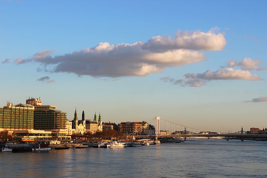 hungary, budapest, sun, bridge, cityscape, danube, river, sunset HD wallpaper
