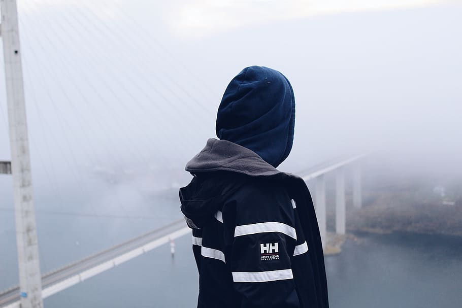 Man Standing Looking Down, back view, bridge, cold, danger, fashion HD wallpaper