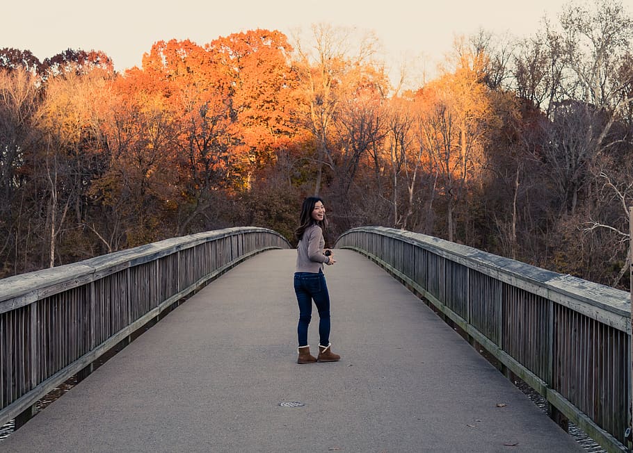 trees, bridge, girl, full length, autumn, one person, real people HD wallpaper