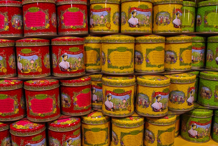 cans, colours, red, yellow, green, pots, order, showcase, store HD wallpaper