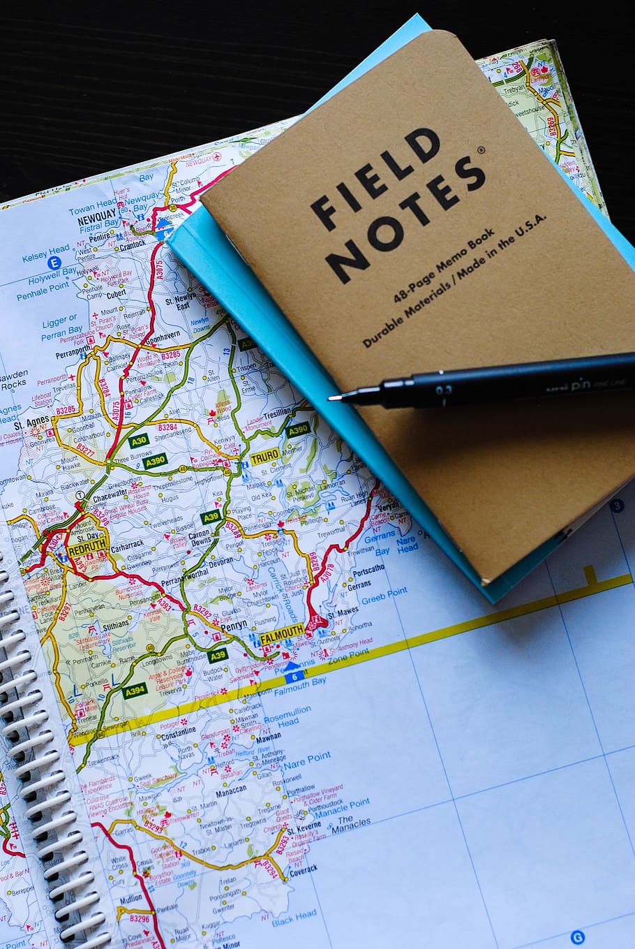 black gel pen on Field Notes book, map, directions, write, stationery