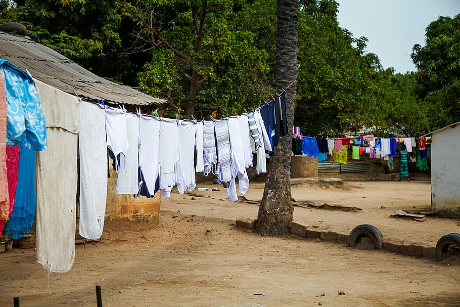 the gambia, woods, house, trees, line, clothes, dirt, washing, HD wallpaper