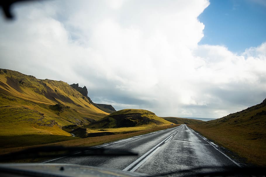 white clouds above road, asphalt, tarmac, way, highway, nature HD wallpaper
