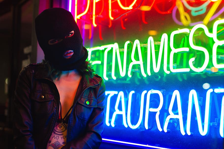 black mask, woman, female, sign, model, pose, neon, urban, city