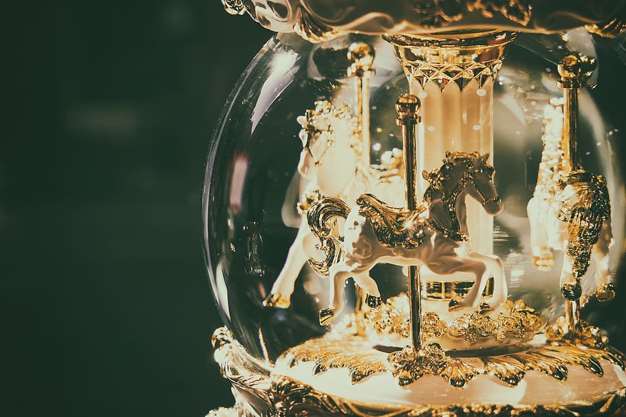 horse carousel snow globe, no people, close-up, animal representation HD wallpaper