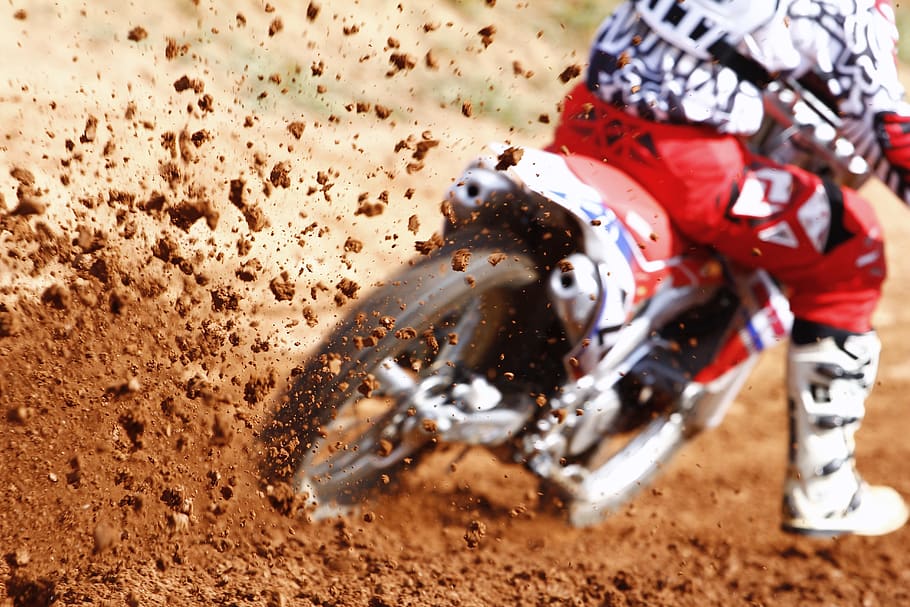 Red and White Dirt Bike, action, athlete, background, blur, colors HD wallpaper