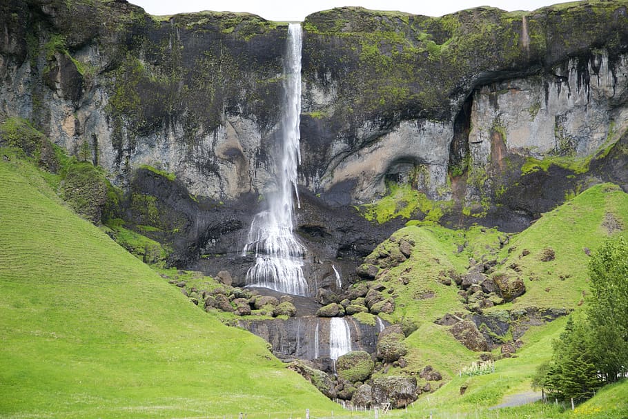 iceland, waterfall, mountain, green, nature, scenics - nature HD wallpaper