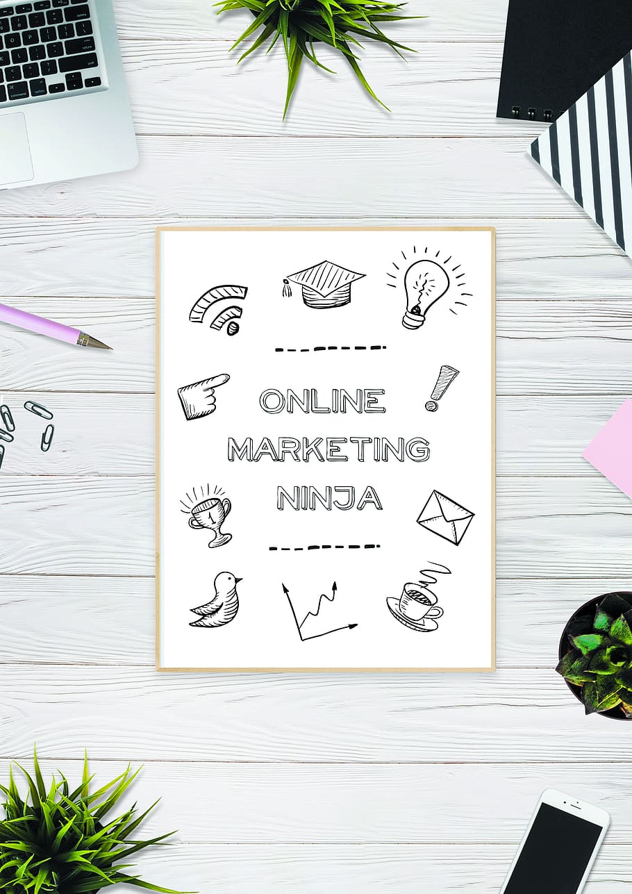 Online Marketing Ninja, background, card, design, desk, note HD wallpaper