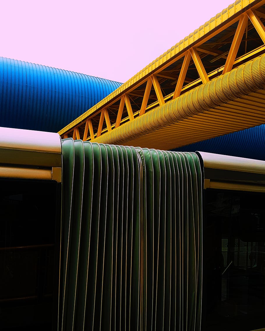 yellow foot bridge, no people, green color, pattern, sky, day HD wallpaper