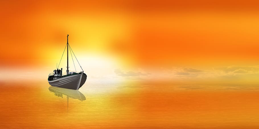 emotions, nature, rest, sailing boat, water, sea, sky, sunset