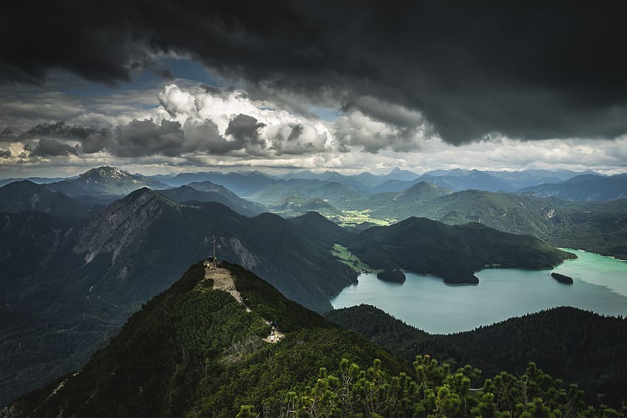 lake between mountains, cloud, mountain range, landscape, storm HD wallpaper