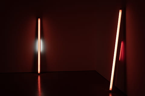 two lighted red lamps, lighting, candle, neon, led, flare, spotlight HD wallpaper
