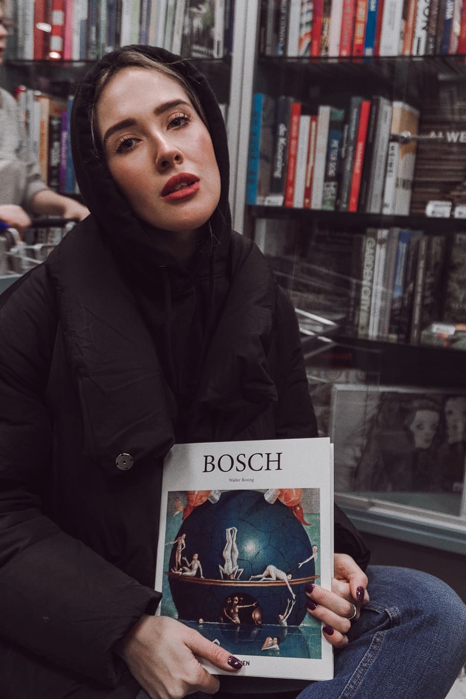 woman wearing Bosch book inside library, shelf, person, human, HD wallpaper