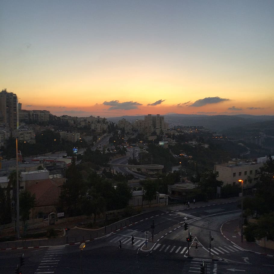 israel, jerusalem, yermiyahu st 43, sky, city, sunset, road