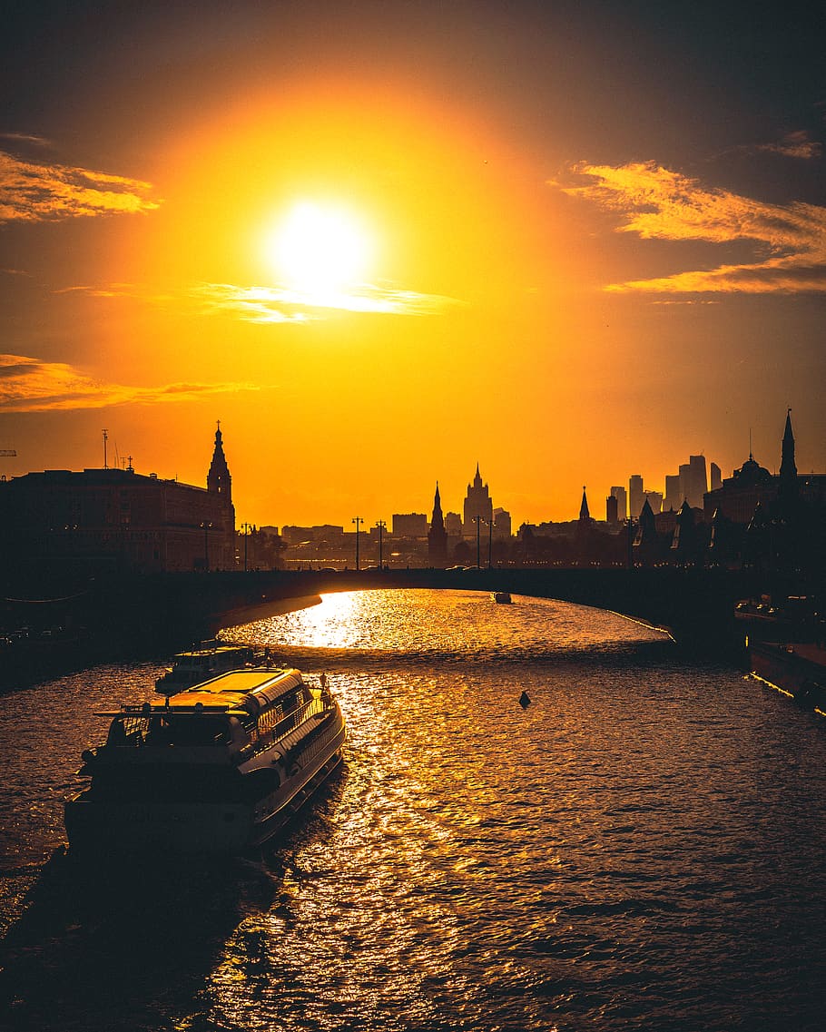 sky, water, sunset, building exterior, orange color, nautical vessel HD wallpaper