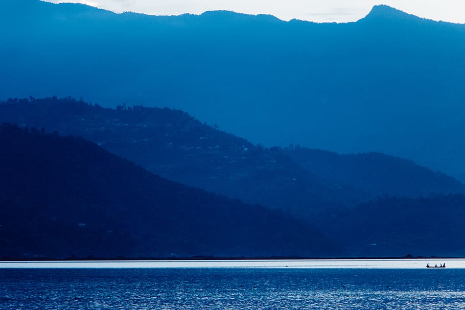 nepal, pokhara, landscape, hills, mountains, lake, blue, boating