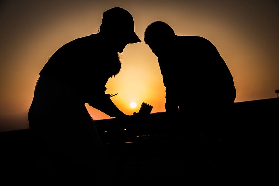china, shanghai, silhouette, two people, sunset, orange color HD wallpaper