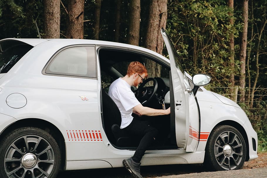 man inside white car, person, human, tire, automobile, transportation HD wallpaper