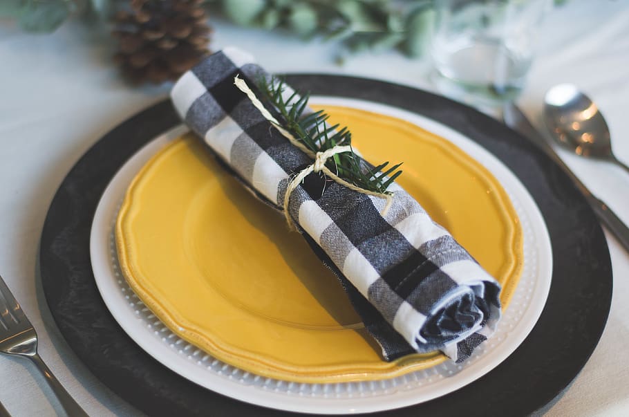black and white textile, cloth, plate, dinner, festive, autumn HD wallpaper