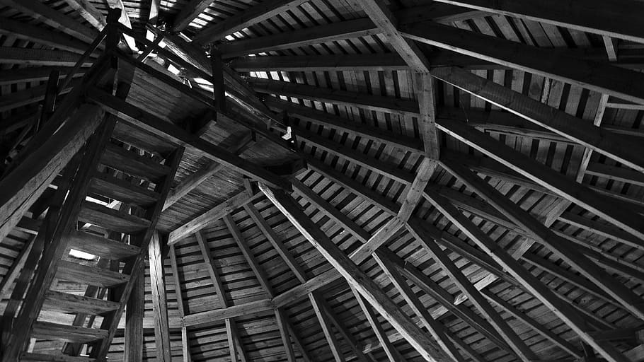 Brown Wooden Ceiling in Grayscale Photo, angle, architectural design HD wallpaper