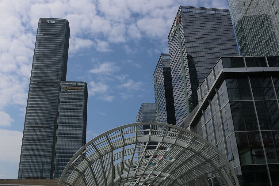 shenzhen, clouds, blue, sky, windows, metal, glass, chinese HD wallpaper