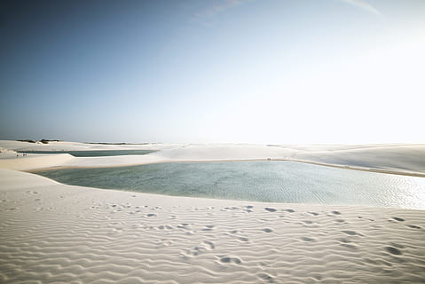 seashore, lagoon, oasis, sky, dune, sand, footprint, horizon HD wallpaper