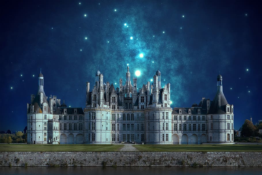 architecture, night, fantasy, castle, blue, building exterior HD wallpaper