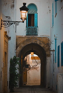 walkway, path, flagstone, door, sidewalk, pavement, lamp, tunisia HD wallpaper