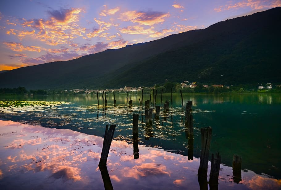 sunset, lake, clouds, mountains, jetty, reflection, cold, summer HD wallpaper