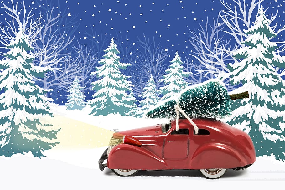 winter, forest, christmas tree, auto, spotlight, oldtimer, snowfall HD wallpaper