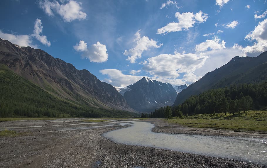 creek, sky, stream, landscape, nature, river, trees, clouds HD wallpaper