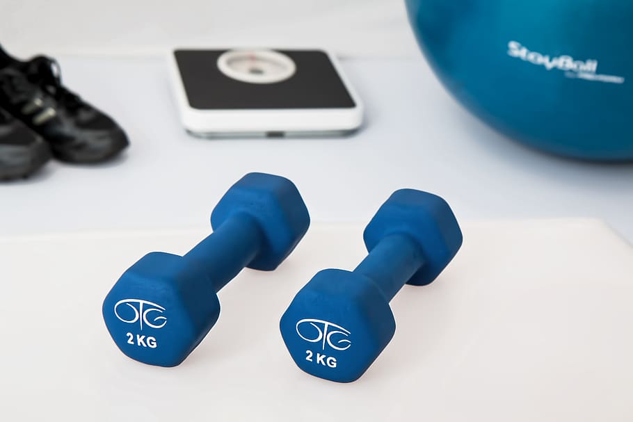 Two 2 Kg. Blue Hex Dumbbells on White Surface, aerobics, brand, HD wallpaper